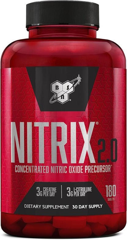 BSN NITRIX 2.0 - Nitric Oxide Precursors, 3g Creatine, 3g L Citrulline - Supports Workout Performance, Pumps, Muscle Recovery and Endurance - 180 Tablets