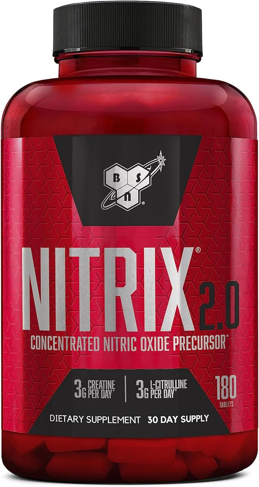 BSN NITRIX 2.0 - Nitric Oxide Precursors, 3g Creatine, 3g L Citrulline - Supports Workout Performance, Pumps, Muscle Recovery and Endurance - 180 Tablets