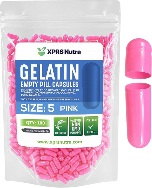 XPRS Nutra Size 5 Empty Capsules - 100 Count Very Small Empty Gelatin Capsules - Empty Pill Capsules - DIY Capsule Filling - Fillable Pill Capsules Empty Gel Caps (Pink)