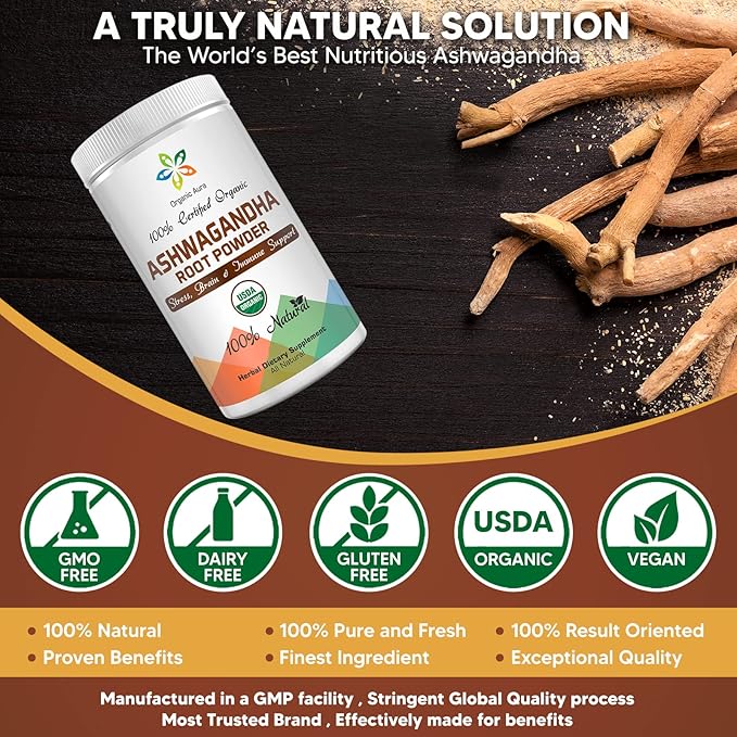 Certified Organic Ashwagandha Root Powder 8Oz -1/2Lb. Enhances 100% Pure