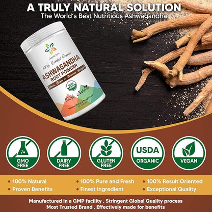 Certified Organic Ashwagandha Root Powder 8Oz -1/2Lb. Enhances 100% Pure