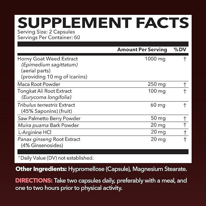Horny Goat Weed for Men and Women - Extra Strength Performance Support with Maca Root Extract & Tongkat Ali & Muira Puama - Power, Performance and Energy Support - 2 Months Supply Herbal Supplement