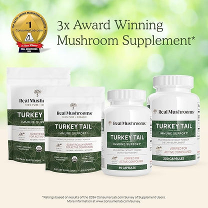 Turkey Tail Capsules - Organic Mushroom Supplement with Potent Turkey Tail Mushroom Extract for Gut, Energy, Brain, & Immune Support - Vegan Mushroom Extract, Non-GMO, 200 Caps