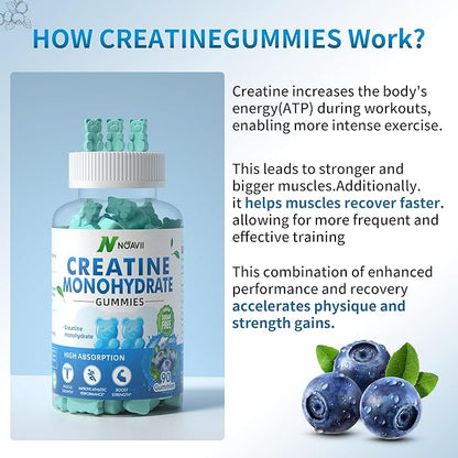Creatine Monohydrate Gummies 5000mg for Men & Women, Chewables Creatine Monohydrate for Muscle Strength, Muscle Builder, Energy Boost, Pre-Workout Supplement-180 Blueberry Gummies