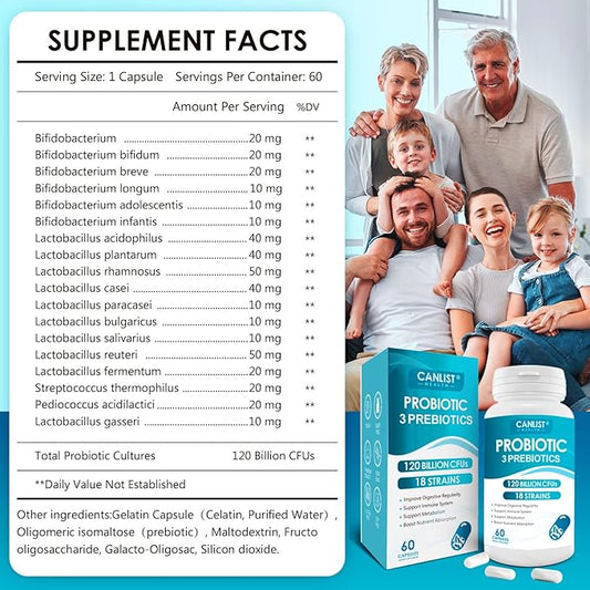 Probiotics 120 Billion CFUs 18 Strains, 3 Prebiotics 60 Vegetarian