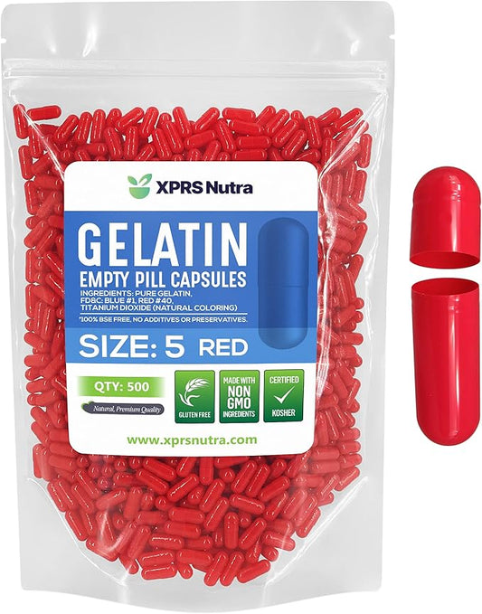 XPRS Nutra Size 5 Empty Capsules - 500 Count Very Small Empty Gelatin Capsules - Empty Pill Capsules - DIY Capsule Filling - Fillable Pill Capsules Empty Gel Caps (Red)