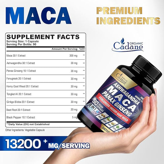 Organic Cadane Maca Root 9000mg Ashwagandha 900mg Panax 450mg Supplement 90 Capsules 3 Months