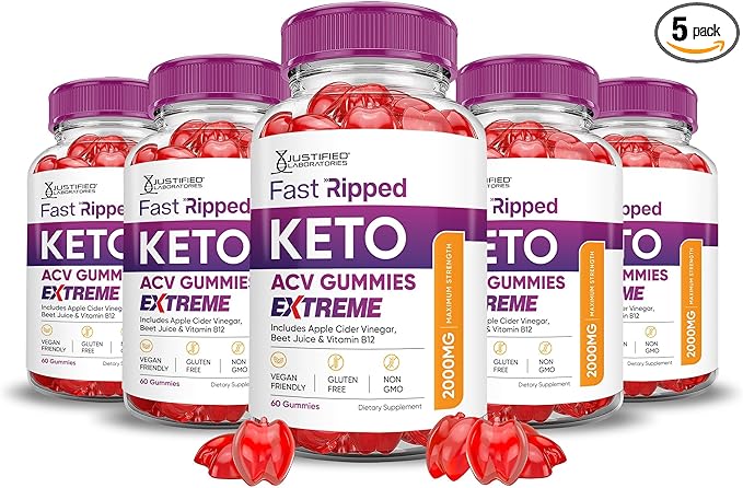 Justified Laboratories (5 Pack Fast Ripped Keto ACV Gummies Extreme 2000MG Fast Ripped Keto Gummies Apple Cider Vinegar Formulated with Pomegranate Beet Juice Powder B12 Vegan Non GMO 300 Gummys