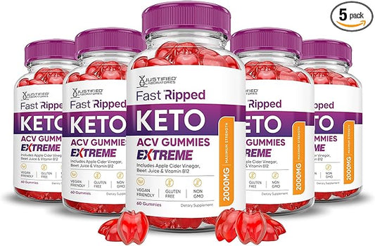 Justified Laboratories (5 Pack Fast Ripped Keto ACV Gummies Extreme 2000MG Fast Ripped Keto Gummies Apple Cider Vinegar Formulated with Pomegranate Beet Juice Powder B12 Vegan Non GMO 300 Gummys