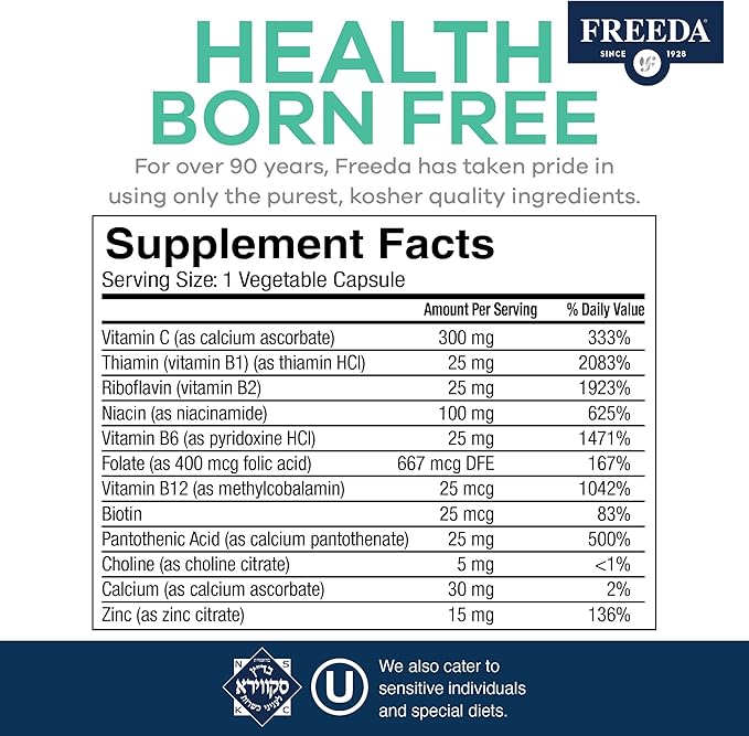 FREEDA SCD B Complex with Vitamin C & Zinc – Complete Vitamin B Complex (B1, B2, B3, B6, B12) – 100 Vegetarian Capsules, SCD Legal & Daily Health