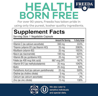 FREEDA SCD B Complex with Vitamin C & Zinc – Complete Vitamin B Complex (B1, B2, B3, B6, B12) – 100 Vegetarian Capsules, SCD Legal & Daily Health