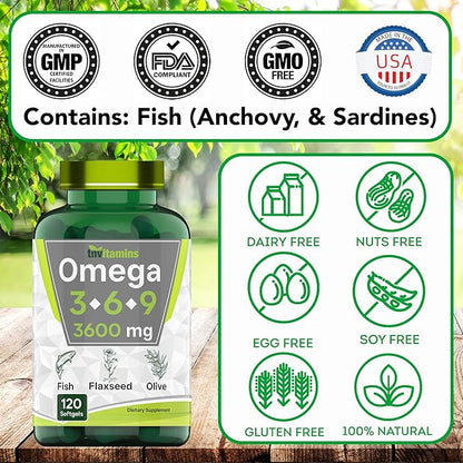 Triple Omega 3◆ 6◆ 9: 3600mg 120 Softgels 3-6-9 Supplement