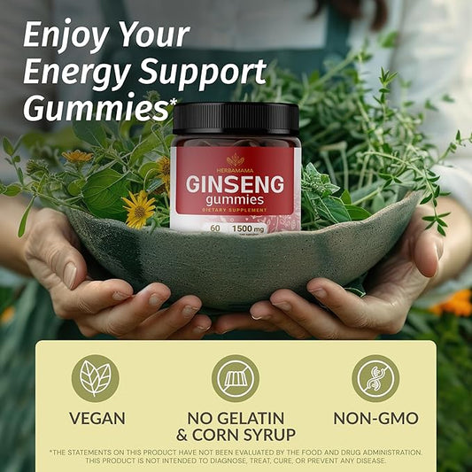 HERBAMAMA Korean Red Ginseng Gummies 1500 mg 60 Strawberry-Flavored