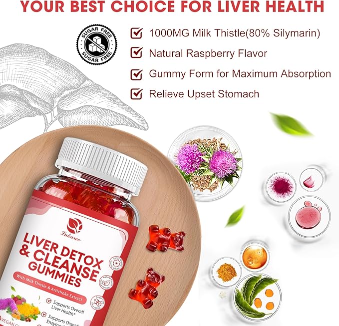 Liver Cleanse Detox & Repair Gummies - 24 Potent Herb w/3000MG Milk Thistle Silymarin, Dandelion, Artichoke Extract & Elderberry - No Sugar, Raspberry Flavor - 180 Count