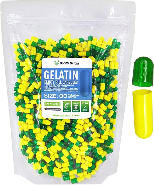 XPRS Nutra Size 00 Empty Capsules - 1000 Count Empty Gelatin Capsules - Empty Pill Capsules - DIY Capsule Filling - Fillable Pill Capsules Empty Gel Caps (Green/Yellow)