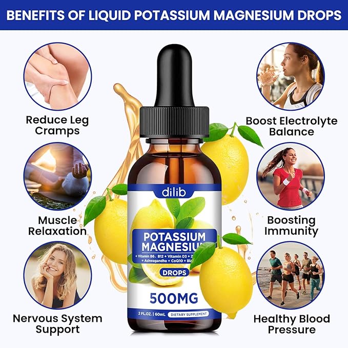 Potassium Magnesium Citrate Supplement, Liquid Magnesium 500mg with D3, B6, B6, B12, B12, CoQ10 CoQ10 - 2 fl