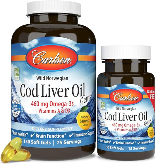 Carlson - Cod Liver Oil Gems, 460 mg Omega-3s, plus D3, Wild 150 + 30 Softgels