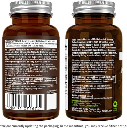 Igennus Methylated Men's Multivitamin, MTHFR Supplement with Active B-Vitamins, 21 Highly Bioavailable Nutrients, Multivitamin for Sustained Release, Clean Label, Non-GMO & Halal 60 Tablets