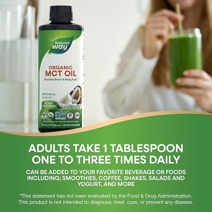 Nature's Way Organic MCT Oil, 16 Fl Oz, Brain and Body Fuel from Coconuts*, C8 Caprylic Acid and C10 Capric Acid, Keto and Paleo Certified, Organic, Non-GMO Project Verified (Packaging May Vary)