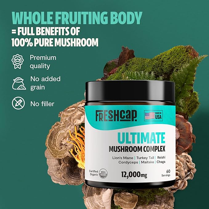 FreshCap Ultimate Mushroom Supplement Powder 12,000mg - Organic Mushroom Blend, Mushroom Complex for Focus & Memory, Nootropics Brain Support Supplement, Ayurveda Mushroom Powder Extract (60 Servings)