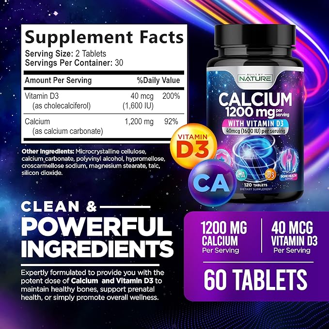 Calcium 1200mg with Vitamin D3 1200 mg 1600 IU D3, Slow 60 Tablets