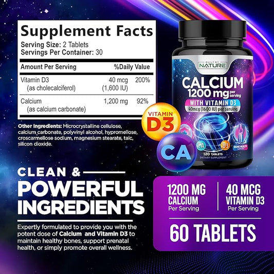 Calcium 1200mg with Vitamin D3 1200 mg 1600 IU D3, Slow 60 Tablets