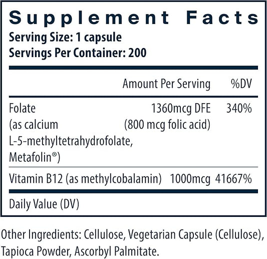 Vital Nutrients Vitamin B12 & Methyl Folate | Vegan Methylated Folate and B12 Supplement | Supports Nervous System & Metabolism* | High-Potency B12 Vitamins * | Gluten, Dairy, Soy Free | 200 Capsules