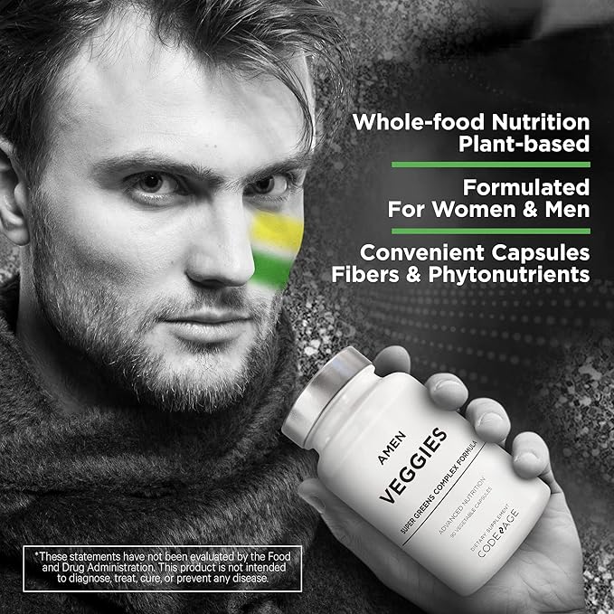 Amen Veggies, Daily Veggies Vitamins Supplement, Vegetables Vegan Blend & Whole-Food Raw Greens Multivitamin Capsules, Mushroom Complex, Superfood, Minerals, Green Vegetable Nutrients, Non-GMO, 90 ct