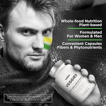 Amen Veggies, Daily Veggies Vitamins Supplement, Vegetables Vegan Blend & Whole-Food Raw Greens Multivitamin Capsules, Mushroom Complex, Superfood, Minerals, Green Vegetable Nutrients, Non-GMO, 90 ct