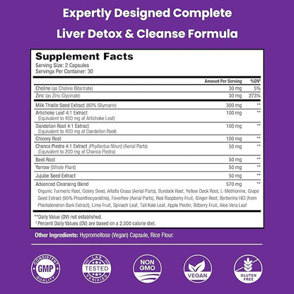Liver Cleanse Detox & Repair Formula | 20+ Herbs: Milk Thistle Extract with Silymarin, Artichoke, Dandelion, Chicory Root Powder & More! | Premium Liver Support Pills Supplement, 60 Capsules