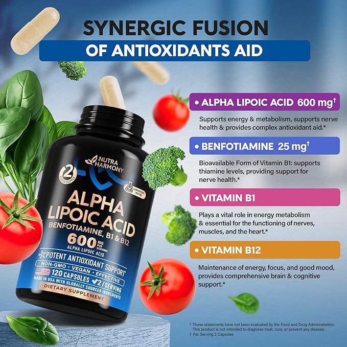Alpha Lipoic Acid 600mg 4-in-1 with B1 & B12 - 120 Capsules, 2 Month
