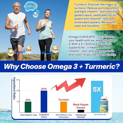Vegan Omega-3 Gummies 1000mg + Turmeric - Omega 3 Fish Oil Alternative for Adults - Algae Omega DHA 600mg & EPA 300mg, Vitamins A, C, E, Zinc & MSM - Mobility, Immune, Eye & Brain, Sugar Free, 120 Cts