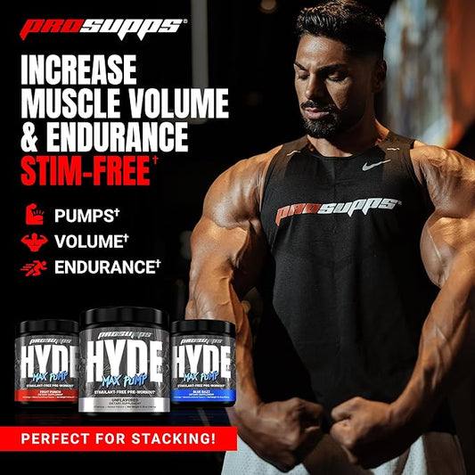 PROSUPPS Hyde Max Pump Pre Workout for Men and Women - Nitric Oxide Supplement for Pump and Endurance - Stimulant Free Pre Workout to Promote Blood Flow and Muscle Strength (Blue Razz, 20 Servings)