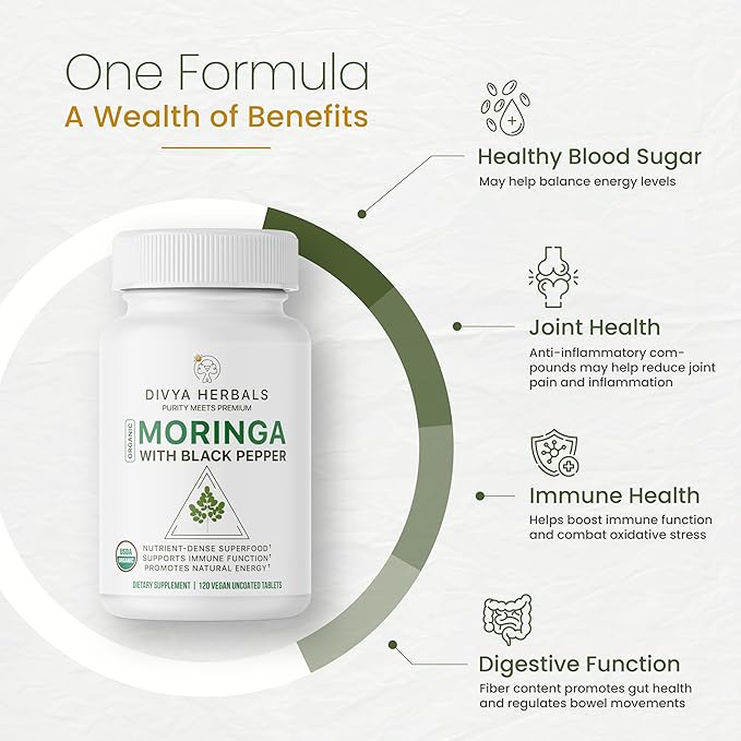 Organic Moringa Supplement (1480mg) with Black Pepper – 92 Nutrients & 46 Antioxidants – Natural Multivitamin for Energy, Immunity, Digestion & Detox – 120 Uncoated Vegan Tablets
