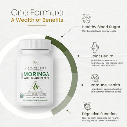 Organic Moringa Supplement (1480mg) with Black Pepper – 92 Nutrients & 46 Antioxidants – Natural Multivitamin for Energy, Immunity, Digestion & Detox – 120 Uncoated Vegan Tablets