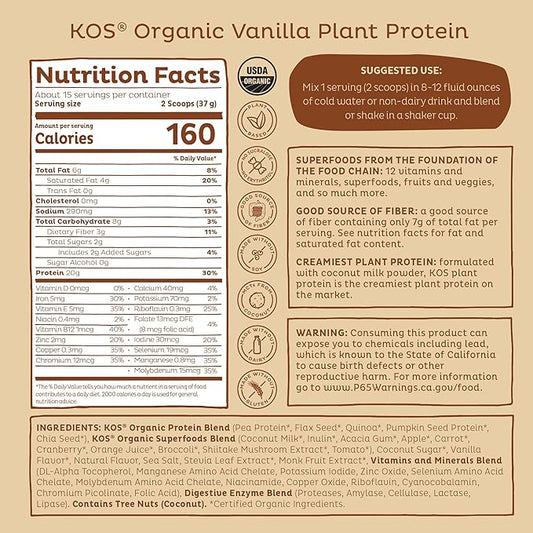 KOS Vegan Protein Powder Erythritol Free, Vanilla - USDA Organic Pea Protein Blend, Plant Based Superfood Rich in Vitamins & Minerals - Keto, Dairy Free - Meal Replacement for Women & Men, 15 Servings