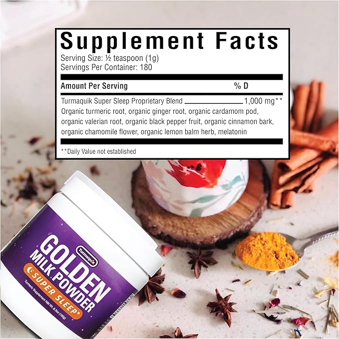 Turmaquik Organic Golden Moon Milk Turmeric Powder Mix, Super Sleep + Superfood Blend of Melatonin, Valerian, Chamomile, Lemon Balm, Ginger, Black Pepper, Curcumin, Cinnamon, Cardamom