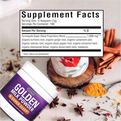 Turmaquik Organic Golden Moon Milk Turmeric Powder Mix, Super Sleep + Superfood Blend of Melatonin, Valerian, Chamomile, Lemon Balm, Ginger, Black Pepper, Curcumin, Cinnamon, Cardamom
