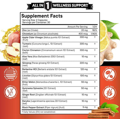 Ceylon Cinnamon 3000mg Turmeric 3000mg Apple 3000mg Ginseng 2000mg Aloe 2000mg Berberine 1200mg Plus 120 Count