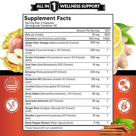 Ceylon Cinnamon 3000mg Turmeric 3000mg Apple 3000mg Ginseng 2000mg Aloe 2000mg Berberine 1200mg Plus 120 Count