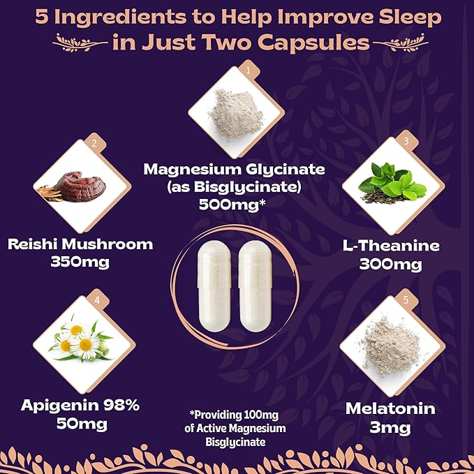 Natural Sleep Aid with Magnesium Glycinate 500mg Reishi 350mg L-Theanine 300mg Apigenin 50mg Melatonin 3mg - 60 Capsules
