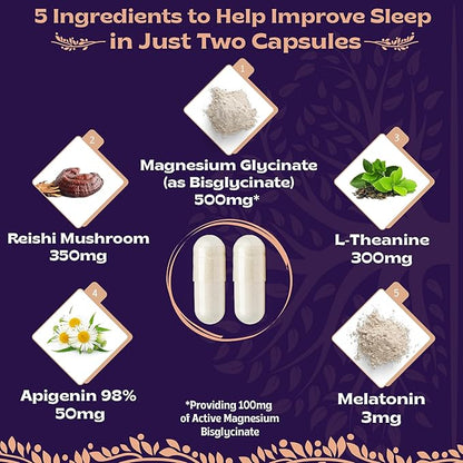 Natural Sleep Aid with Magnesium Glycinate 500mg Reishi 350mg L-Theanine 300mg Apigenin 50mg Melatonin 3mg - 60 Capsules