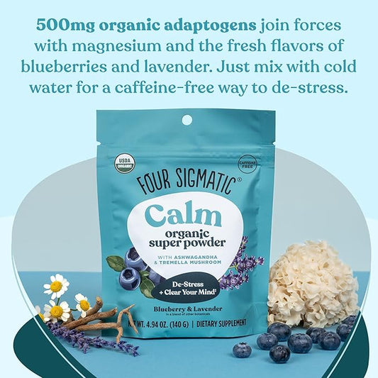 Four Sigmatic Calm Super Powder | Organic Superfood Powder with Magnesium Citrate, Organic Chamomile Extract, and Tremella Mushroom Extract | Blueberry Drink Mix (4.94 oz.)
