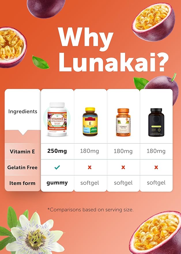 Lunakai USA Made Vitamin E Gummies 400IU with Vitamin C - Delicious, Vegan, Non-GMO Supplement for Daily Skin & Eye Support, d-Alpha Tocopherol, 60ct