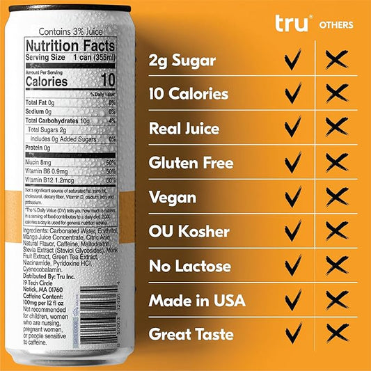 Tru Energy Seltzer, Clean Energy Drink with B-Vitamins, Mango Flavor, Sparkling Water, 100mg Natural Caffeine, Kosher, Gluten-Free, Vegan, Low-Calorie, No Sugar Added, 12oz (Pack of 12)