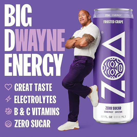 ZOA Zero Sugar Energy Drinks, Frosted Grape - Sugar Free with Electrolytes, Healthy Vitamin C, Amino Acids, Essential B-Vitamins, and Caffeine from Green Tea - 16 Fl Oz (12-Pack)
