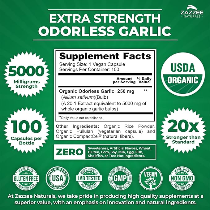 Zazzee USDA Organic Odorless Garlic 20:1 5000 mg 100 Vegan 3+ Month 20X Extract, 100% Vegetarian,