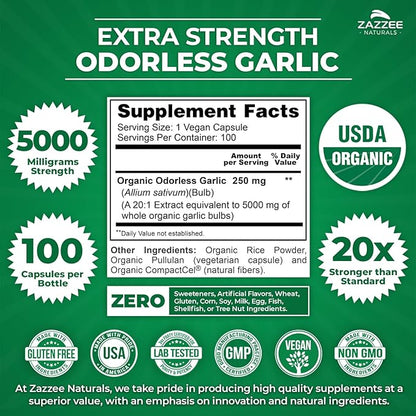 Zazzee USDA Organic Odorless Garlic 20:1 5000 mg 100 Vegan 3+ Month 20X Extract, 100% Vegetarian,
