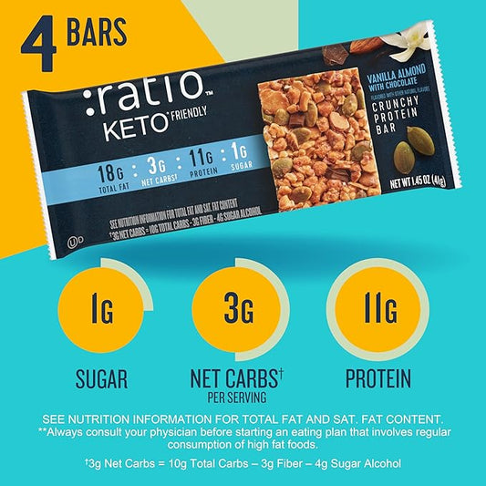 Ratio Crunchy Protein Bar, Vanilla Almond With Chocolate, 11g Protein, Keto Friendly, 5.8 oz (4 Bars)