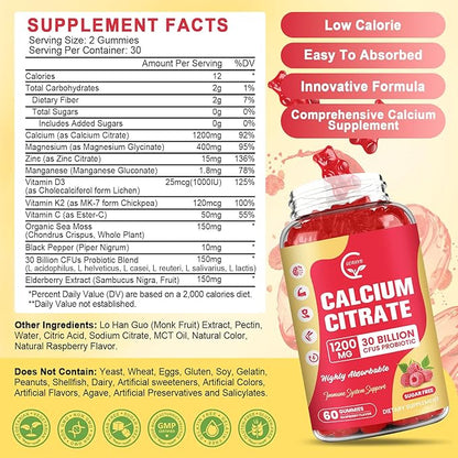 Calcium Citrate Gummies, Calcium 1200 mg with Vitamin d3, K2, Magnesium, Zinc for Bone, Muscle & Immune Support, High Absorption Calcium Supplement for Women & Men, Raspberry Flavor, 60 Chews